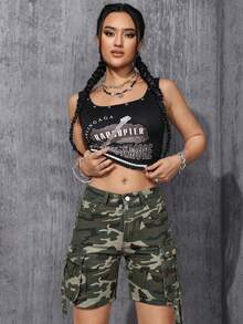 女士迷彩 Y2K 宽松直筒工装牛仔短裤 - 軍綠色 - 查看 5