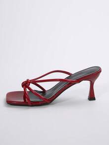 White Square Toe Thin Heel Sandals For Women, Fairy-Style High Heels Made Of Faux Leather, Summer & Fall New Fashion Suitable For Dating, Party, Street, Office Wear - Red - View 5