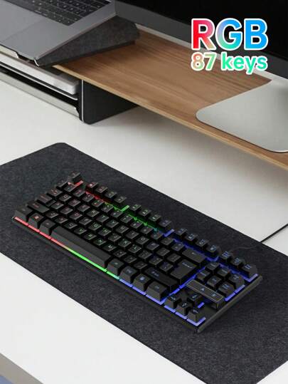 1 Pc K87Pro RGB Backlit Gaming Mechanical Feel Keyboard Compact 87-Key Wired Membrane Keyboard