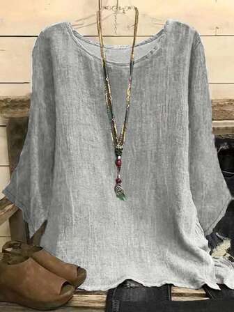 女士纯色圆领长袖休闲衬衫