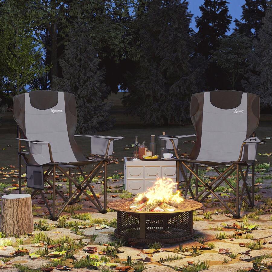 Outsunny Set Of 2 Folding Camping Chairs, Padded Camping Chairs With Adjustable Armrests, Portable & Lightweight Folding Camp Chair With Cooler Bag, Cup Holder And Side Pockets