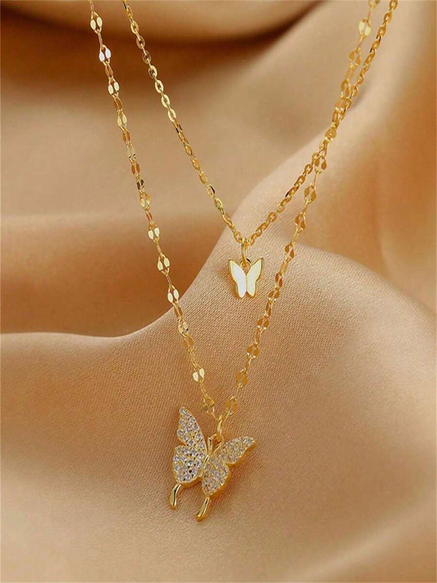 1pc Golden Rhinestone Butterfly Double Layer Necklace, Alloy Chain, Perfect Gift For Girls - Multicolor - View 1