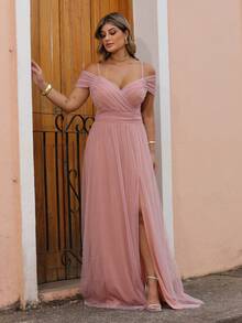 Elegant Off-The-Shoulder Long Dress Without Shine - Rusty Rose - View 1