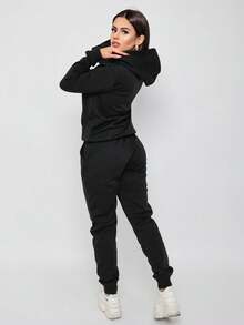 Women's Sweatshirt Set With Kangaroo Pocket Hooded Plush Cold Weather Set - Black - View 3