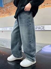 1 pieza Pantalón de mezclilla casual recto y elástico para niño preadolescente, estilo básico de primavera y otoño