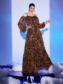 Brown Spaghetti Strap Chiffon Long Sleeve Slit Dress - Brown - View 5