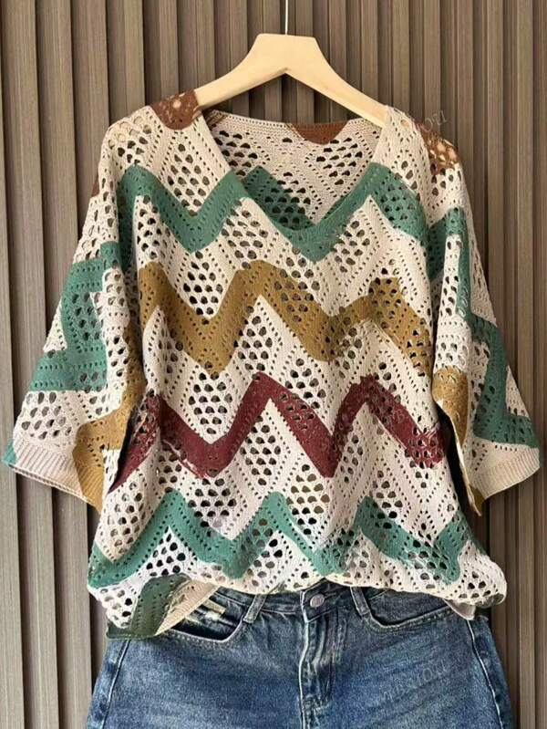 Women's Stylish 3D Print Knit Sweater, Fashionable For Summer