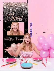 1 件定制生日派对背景，黑色和金色女孩粉色配色方案，生日派对主角必备装饰，生日悬挂门楣横幅，显眼的生日装饰，可自定义照片，生日派对背景