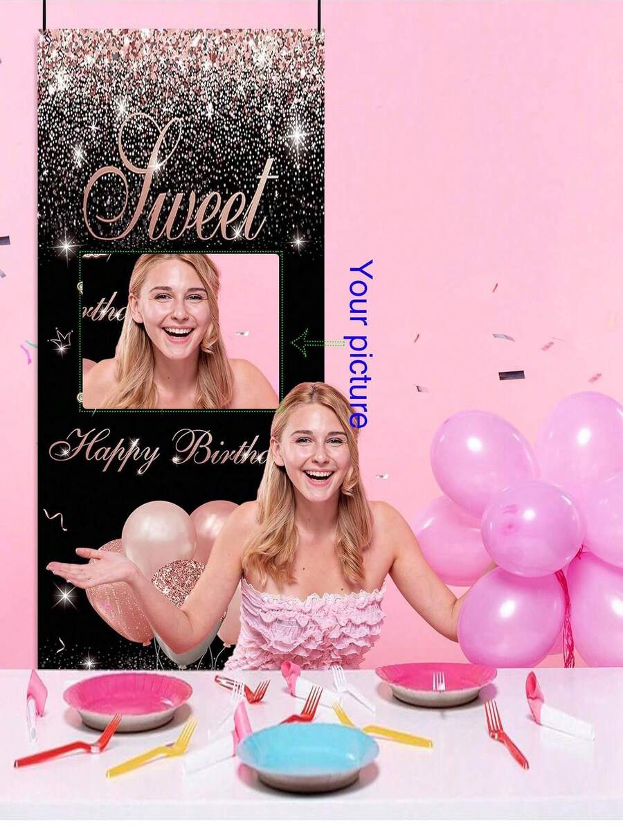 1 件定制生日派对背景，黑色和金色女孩粉色配色方案，生日派对主角必备装饰，生日悬挂门楣横幅，显眼的生日装饰，可自定义照片，生日派对背景
