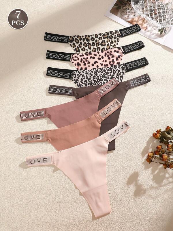 7pcs/Set Solid Leopard Print Rhinestone Waistband Low Rise Thong Panties, Sexy & Comfortable Women Underwear