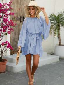 Women's Elegant Chiffon Casual/Holiday Layered Ruffled Loose Dress, Boho/Bohemian Style, Spring/Summer Outfit, Spring Break Attire - Baby Blue - View 3