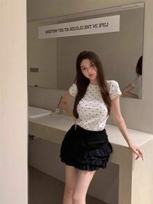 Summer Korean Style Round Neck Fitted Casual Polka Dot Short Sleeve T-Shirt White - White - View 5