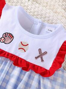 Baby Girls' Summer Embroidered Patchwork Sleeveless Ruffle Bodysuit With Pocket - Blue and White - View 3