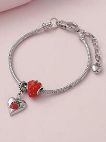 1pc Sweet Cute Simulated Oil Painting Heart-Shaped Strawberry Fruit Bracelet, Suitable For Daily Wear, Dating, Vacation And Casual Outfits