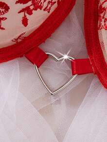 2pcs/Set Women's Sexy Lingerie Set, Red Floral Embroidered Padded Bra And Adjustable Peekaboo Panty, Summer