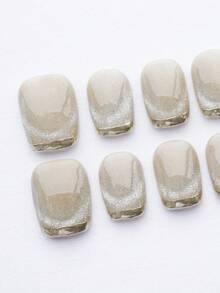 优雅裸色芭蕾按压指甲 - 短款法式美甲风格，银色条纹和闪光，手工猫眼设计，10 件亮面假指甲套装，含可拆卸粘性指甲用品 - 彩色 - 查看 5