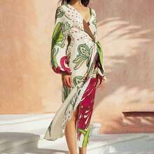 فستان طويل بكشكشة أكمام فانوس مع طباعة رقمية أسلوب عطلة كاجوال جديد لربيع وصيف 2025