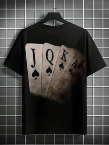 Men's Plus Size Poker Pattern Crew Neck Casual T-Shirt - Black - View 3
