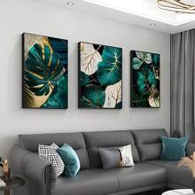 Set Of 3 Abstract Golden Green Plant Leaves Wall Poster, Creative Plant Canvas Wall Painting Gift, Bedroom Decor, Office Decor, Living Room Decor, Wall Decor, Home And Dormitory Decorative Painting Optional Frame Painting, Wall Art With Frame