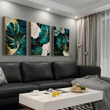 Set Of 3 Abstract Golden Green Plant Leaves Wall Poster, Creative Plant Canvas Wall Painting Gift, Bedroom Decor, Office Decor, Living Room Decor, Wall Decor, Home And Dormitory Decorative Painting Optional Frame Painting, Wall Art With Frame