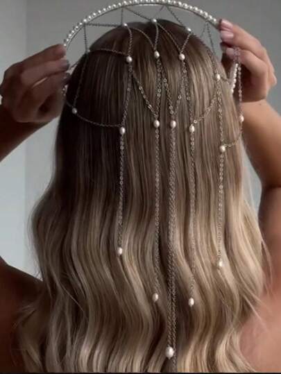 1pc Bohemian Style Multi-Layer Pearl Headband With Tassels, Women Lady Jewelry Hairpiece, Bridal Wedding Accessories