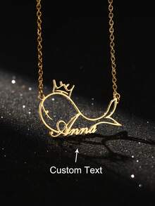 定制皇冠鲸鱼名字项链 男女不锈钢定制项链吊坠个性颈链珠宝生日礼物 - 金色 - 查看 1