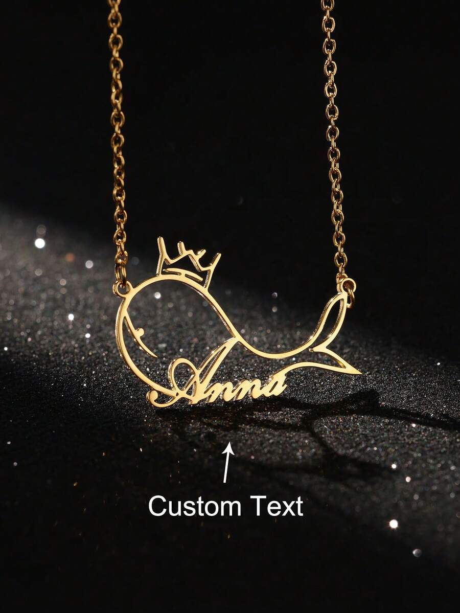 定制皇冠鲸鱼名字项链 男女不锈钢定制项链吊坠个性颈链珠宝生日礼物 - 金色 - 查看 1