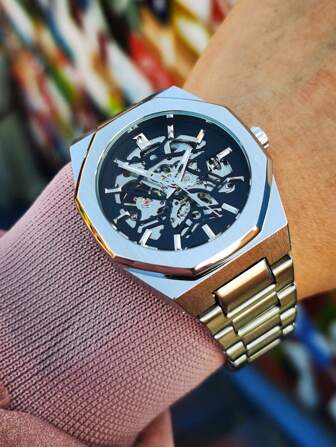 T-WINNER 1 pieza Reloj automático mecánico de moda para hombre con manecillas luminosas, caja asimétrica, correa de acero inoxidable, marca de lujo clásica - Regalo para festival y cumpleaños