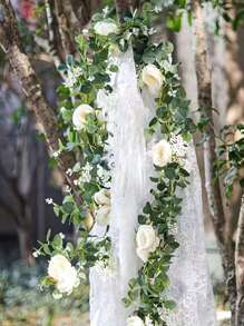 1pc Artificial Eucalyptus Garland With Flowers, White Roses Baby Breath Garland Floral Greenery Garland For Wedding Party Centerpiece Table Runner Backdrop Wall Decor Decoration Gifts Birthday Graduation