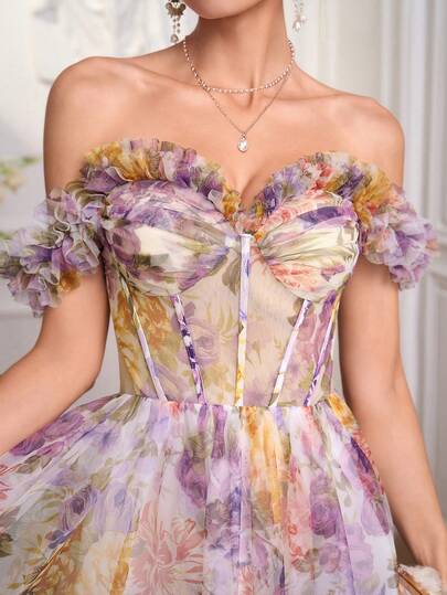 Elegant Romantic Handmade Floral Off-Shoulder Mesh Floral Party/Ball Gown Dress For Women, Prom Dress Wedding Vacation