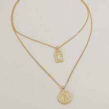 1pc European&American Popular Geometric Circle Coin Pendant Necklace, Double Layered Metal Minimalist Elegant Clavicle Chain For Women - Silver - View 6