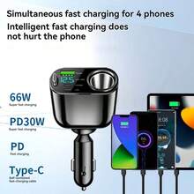 1 件黑色 ABS 五合一数字电压显示伸缩线车载充电器，USB+TYPE-C 快速充电，车载电源适配器。适用于 12-24V 车型 - 黑色 - 查看 6