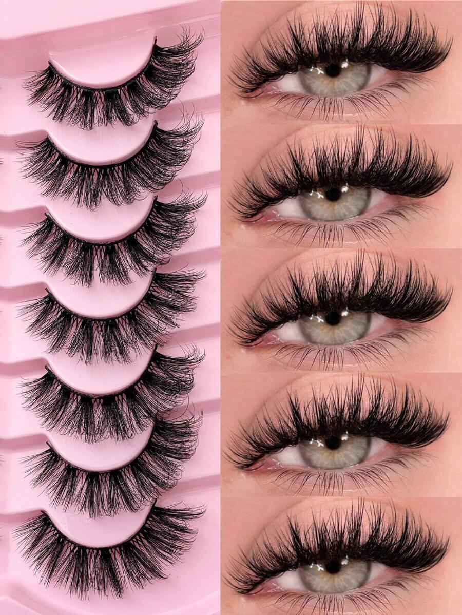 Nuevas 7 pares de pestañas postizas de estilo ruso D Curl con volumen, pestañas postizas de visón clásicas de ojo de gato, pestañas postizas 5D dramáticas con efecto volumen y aspecto natural y suave, extensión de pestañas de maquillaje para un aspecto natural