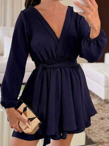 Jumpsuit Dress With Front Tie And Elastic SleevesSimpleElegantFabricJumpsuitHolidayTravelAll - 藍色 - 查看 2
