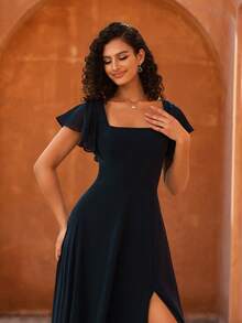 MOEVIO 女式方领荷叶边袖收腰雪纺露背长款优雅正式伴娘婚礼宾客派对舞会礼服，适合青少年、秋季返校节度假生日女士服装 - 藏蓝色 - 查看 6