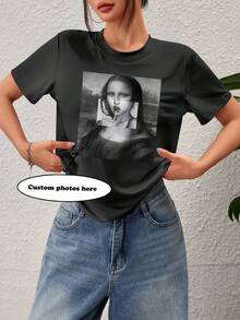 Customized Women's Short-Sleeved T-Shirt, (Fruits/Photos/Friends' Photos/Selfies/Favorite Patterns/Pets, Selfies, Couple Commemorative Photos, Family Photos, Portraits, Flowers, Famous Quotes, Funny Sentences) - Black - View 2