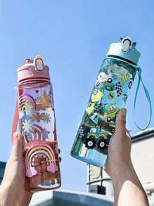 1 pieza Botella de agua a prueba de fugas de 800 ml con diseño de patrón de animal de dibujos animados lindo (dinosaurio, arcoíris), con pajita, correa de transporte y diseño a prueba de golpes - Adecuado para viajes, exterior, estudiantes, guardería, práctico para uso escolar