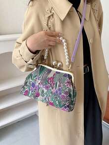 A Niche Design, High-Quality, Daily Versatile Handbag, Decorated With Pearl Chains, A Stylish And Elegant Crossbody Bag With A High Appearance Value, A Retro Floral Embroidered Clip Bag, Suitable For Commuting To Work, Dating, Gatherings And Gifts - 彩色 - 查看 5