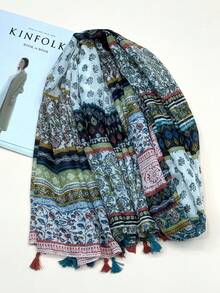 1条女士简约印花围巾，时尚新款春夏防晒沙滩披肩 - 彩色 - 查看 3