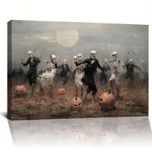 Framed Vintage Halloween Wall Art, Skeletons Dance Party Halloween Pictures Wall Decor, Neutral Pumpkin Halloween Prints Posters, Dark Academia Victorian Gothic Decor, Canvas Wall Art, Poster, Living Room Decor, Bedroom Decor - Framed - View 1