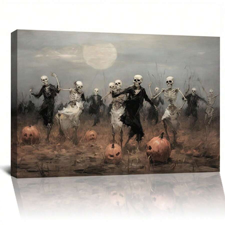 Framed Vintage Halloween Wall Art, Skeletons Dance Party Halloween Pictures Wall Decor, Neutral Pumpkin Halloween Prints Posters, Dark Academia Victorian Gothic Decor, Canvas Wall Art, Poster, Living Room Decor, Bedroom Decor - Framed - View 1