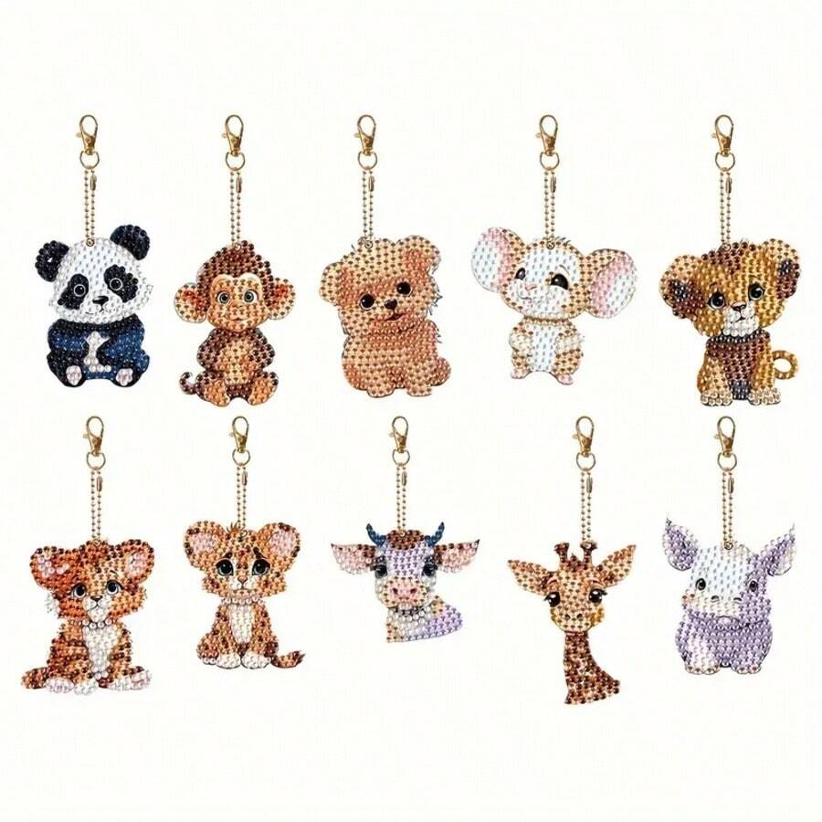 10 件钻石画钥匙扣套装 - 手工亚克力马赛克，可爱卡通设计 - 适合动物爱好者的完美节日/生日礼物或装饰 - 彩色 - 查看 1