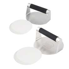 1 套不锈钢 14 厘米/16 厘米直径圆形汉堡肉饼压榨机，含 100 张烘焙纸，不粘汉堡肉压榨机，烧烤工具，便捷厨房小工具，易于清洁