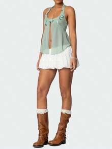 Womens Y2K Sequin Cami Tops Sexy Sparkle Lace Up Crop Top Tie Up Halter Scoop Neck Straps Tank Top - 綠色 - 查看 6