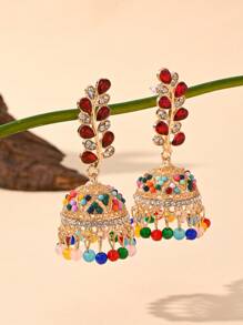 Fashionable Colorful Water Droplet Rhinestone, Rice Bead Inlay Leaf Shaped Earrings, Bohemian Style Ear Jewelry Suitable For Women's Daily Wear