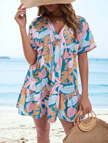 女式夏季波西米亚花卉印花荷叶边下摆雪纺连衣裙，宽松休闲沙滩装 - 彩色 - 查看 1