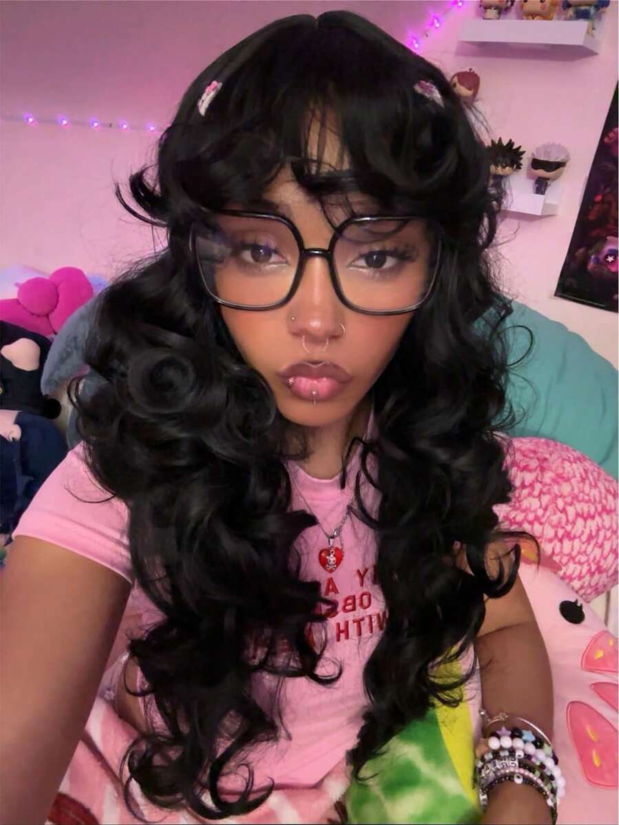 Long Curly Wig With Bangs Black Kinky Curly Layered Fluffy Shag Wig Synthetic Hair Wigs For Women 24inch Party Cosplay Wig Long Curly Messy Hair Wigs With Bangs - 黑色 - 查看 1
