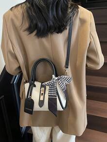 1pc Litchi Texture Solid Color Fashion Zipper Closure PU Leather Handbag With Scarf Ornament, Suitable For Daily Use - Black and White - View 3