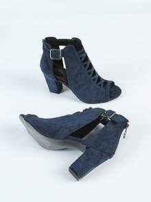 秋冬女式高跟靴，钩扣设计，镂空粗跟，圆头，黑色仿麂皮，女式靴子 - 寶藍色 - 查看 6