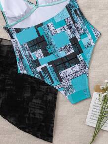 European & American Fashion Sexy Geometric Print Halter One-Piece Swimsuit With Matching Cover-Up Skirt